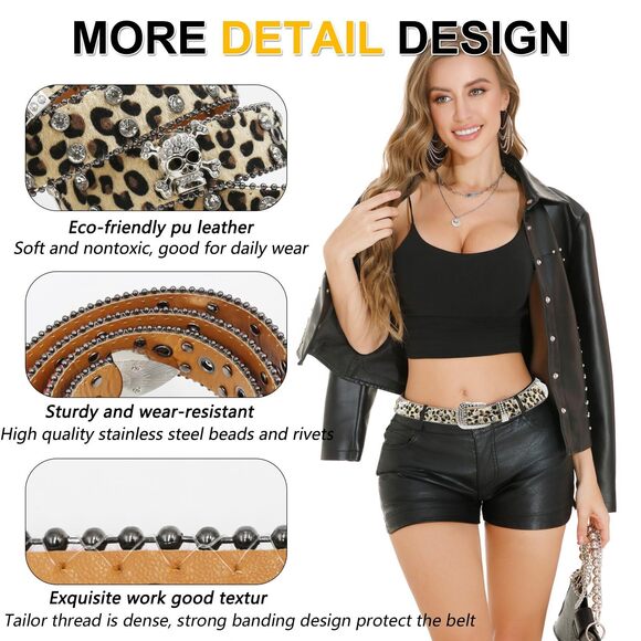 7777 Rhinestone Leopard Skull Belt Men Women Studded Punk